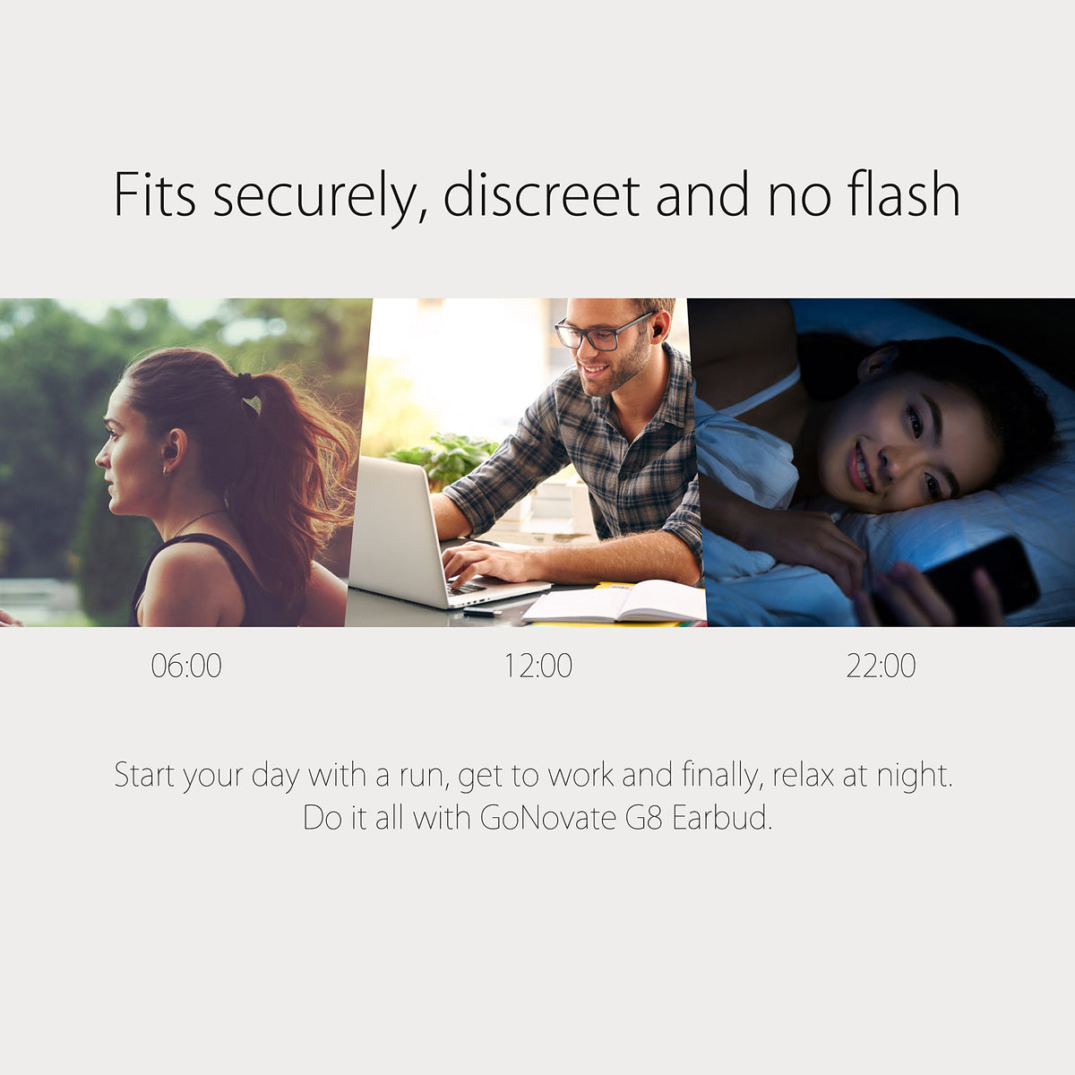 GoNovate G8 discreet mono earbud worn with minimal protrusion for private listening.