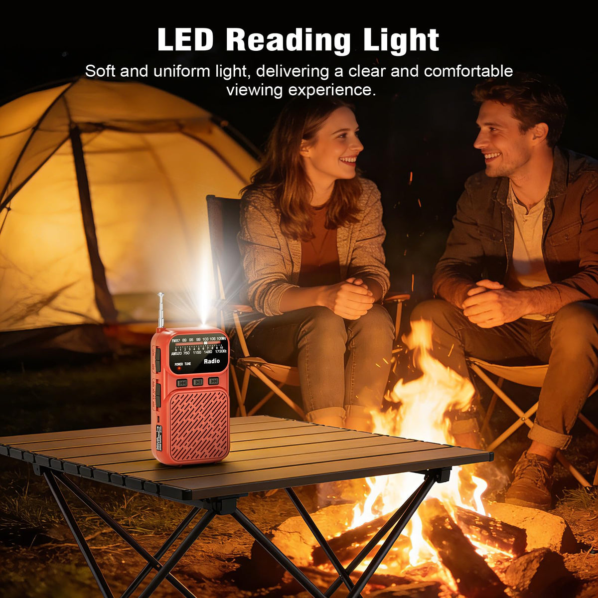 Goodes portable radio flashlight on, providing night-time illumination
