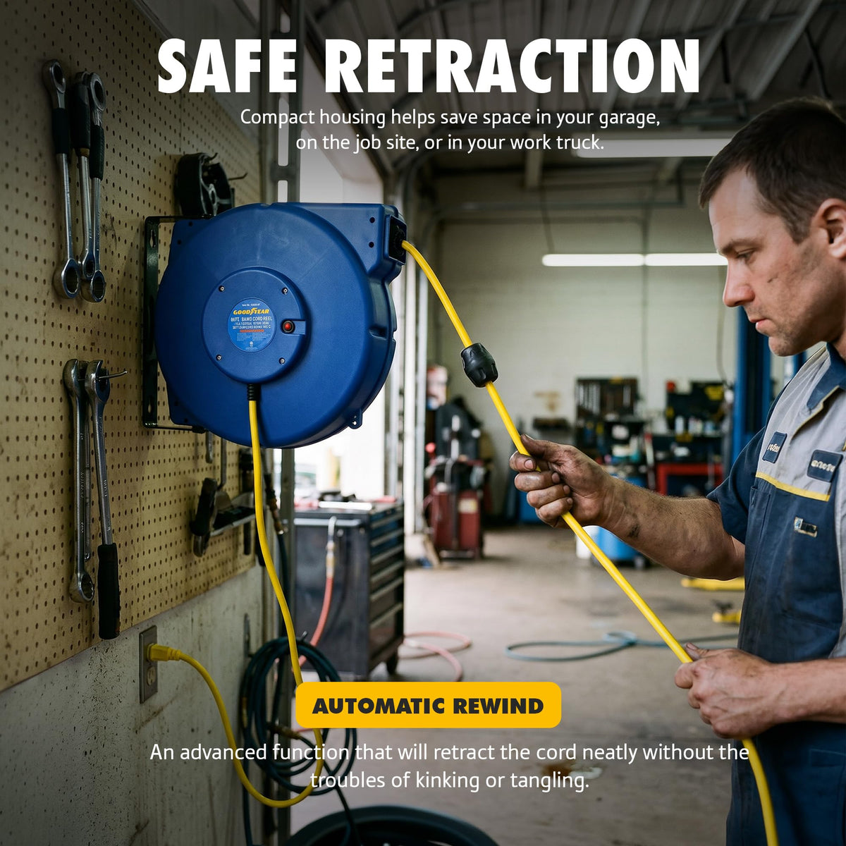 Goodyear auto-rewind with adjustable stopper enhances safety and cable management.