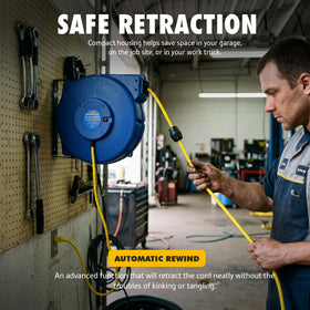 Goodyear auto-rewind with adjustable stopper enhances safety and cable management.