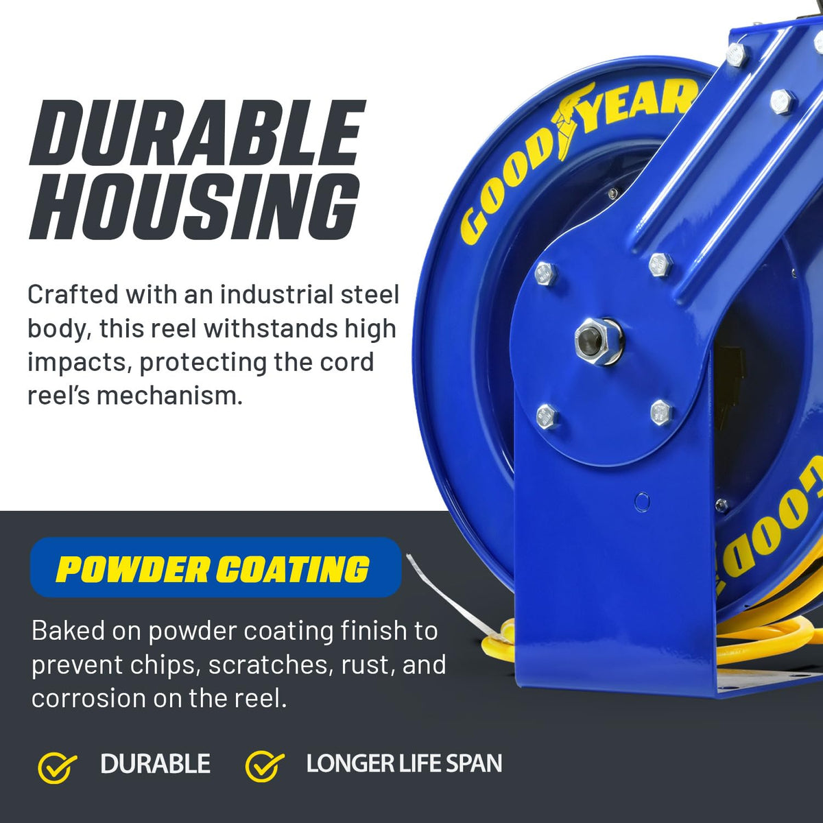 Goodyear auto-rewind mechanism keeps cords neat and ready.