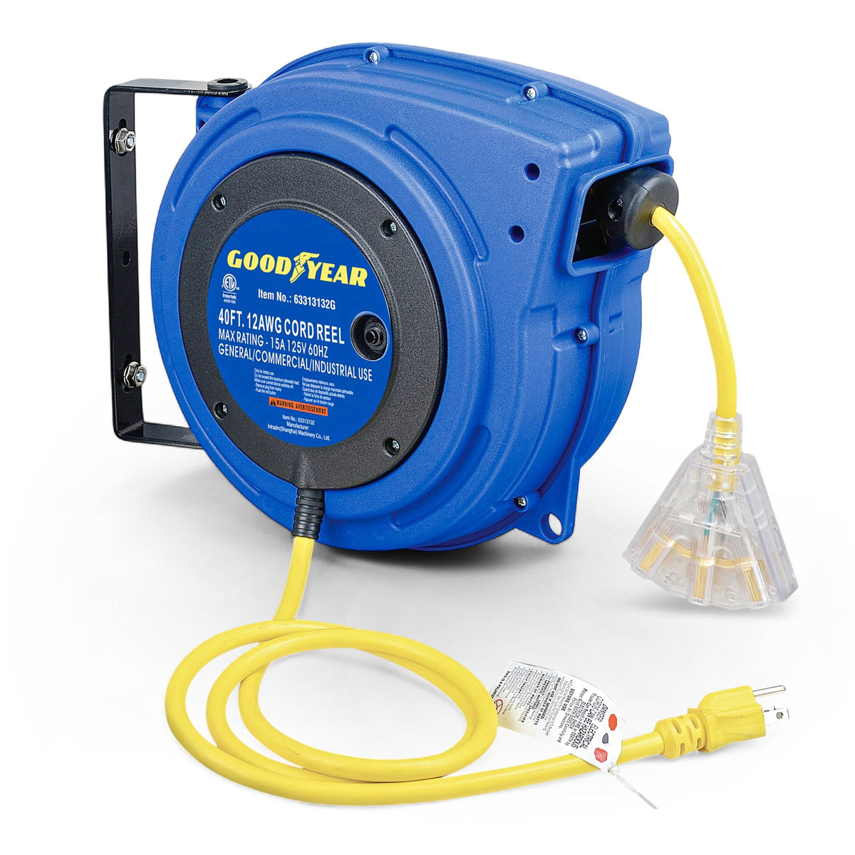 Goodyear extension cord reel with LED light-up tap for easy outdoor power access.