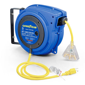 Goodyear extension cord reel with LED light-up tap for easy outdoor power access.
