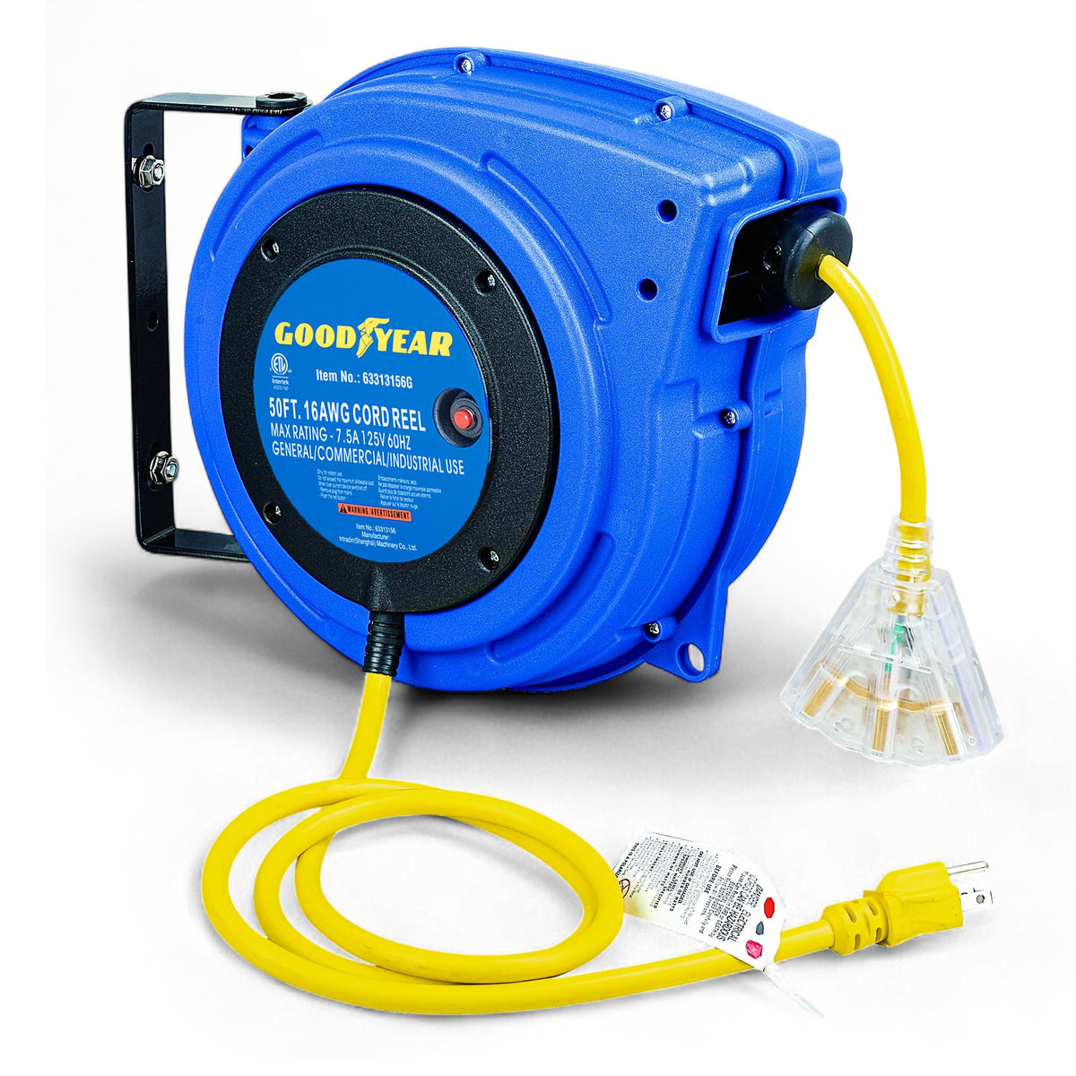 Goodyear extension cord reel 50ft with LED triple tap provides organized power access for busy workspaces