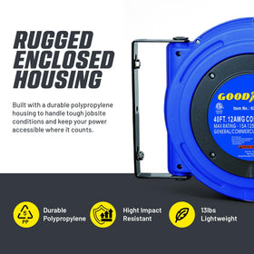 Goodyear reel with adjustable ratchet locks cord length securely.