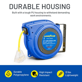 Goodyear extension cord reel adjustable cord stopper minimizes cord abrasion during use