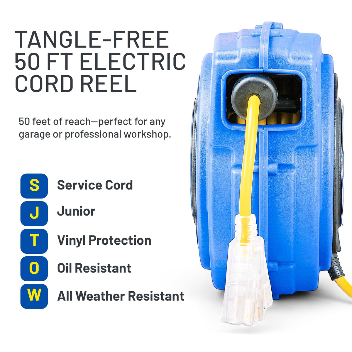 Goodyear extension cord reel NEMA 5-15R/NEMA 5-15P plug simplifies plugging devices safely