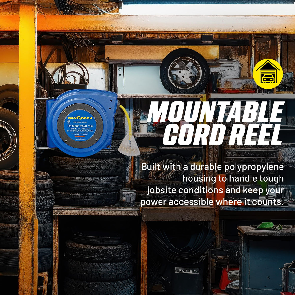 Goodyear extension cord reel includes two non-snag rollers to reduce wear.