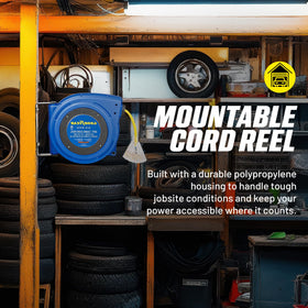 Goodyear extension cord reel includes two non-snag rollers to reduce wear.