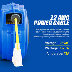 Goodyear extension cord reel in rugged polypropylene case for durable indoor use.