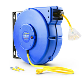 Goodyear retractable reel enclosed 65 ft with wall mounting for tidy power access.