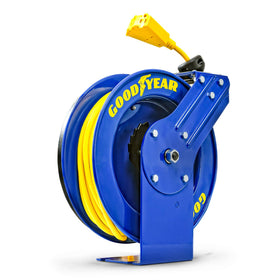 Goodyear retractable reel with enclosed 65ft cable for rugged job sites.