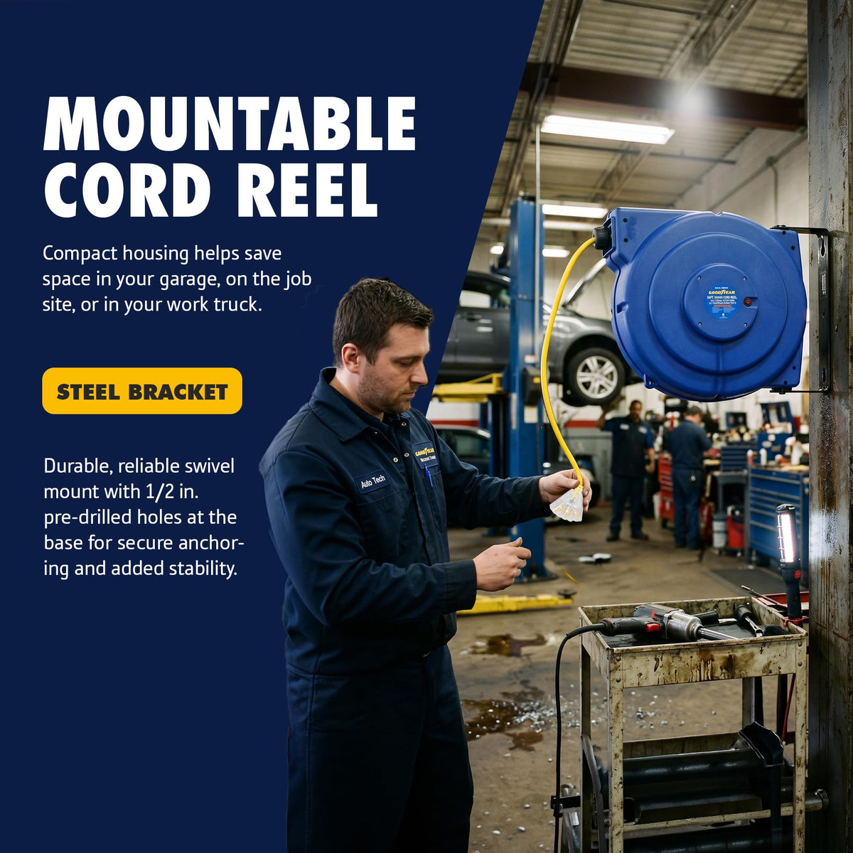 Goodyear industrial 80 ft steel reel offers rugged performance in demanding spaces.