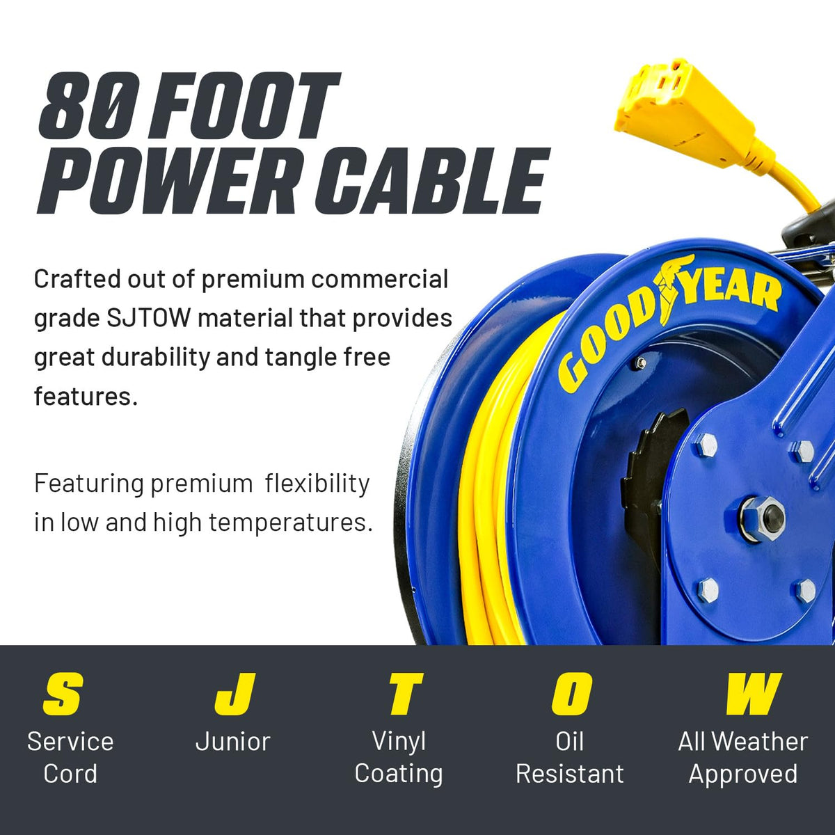 Goodyear SJTOW cable resists oil and moisture in tough environments.