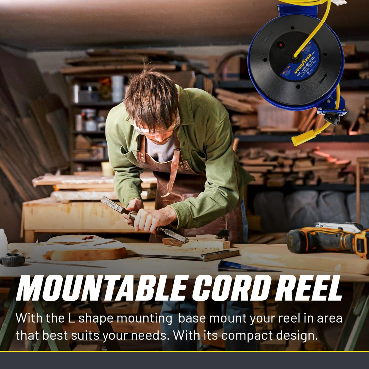 Goodyear triple-tap outlet powers multiple tools at once.