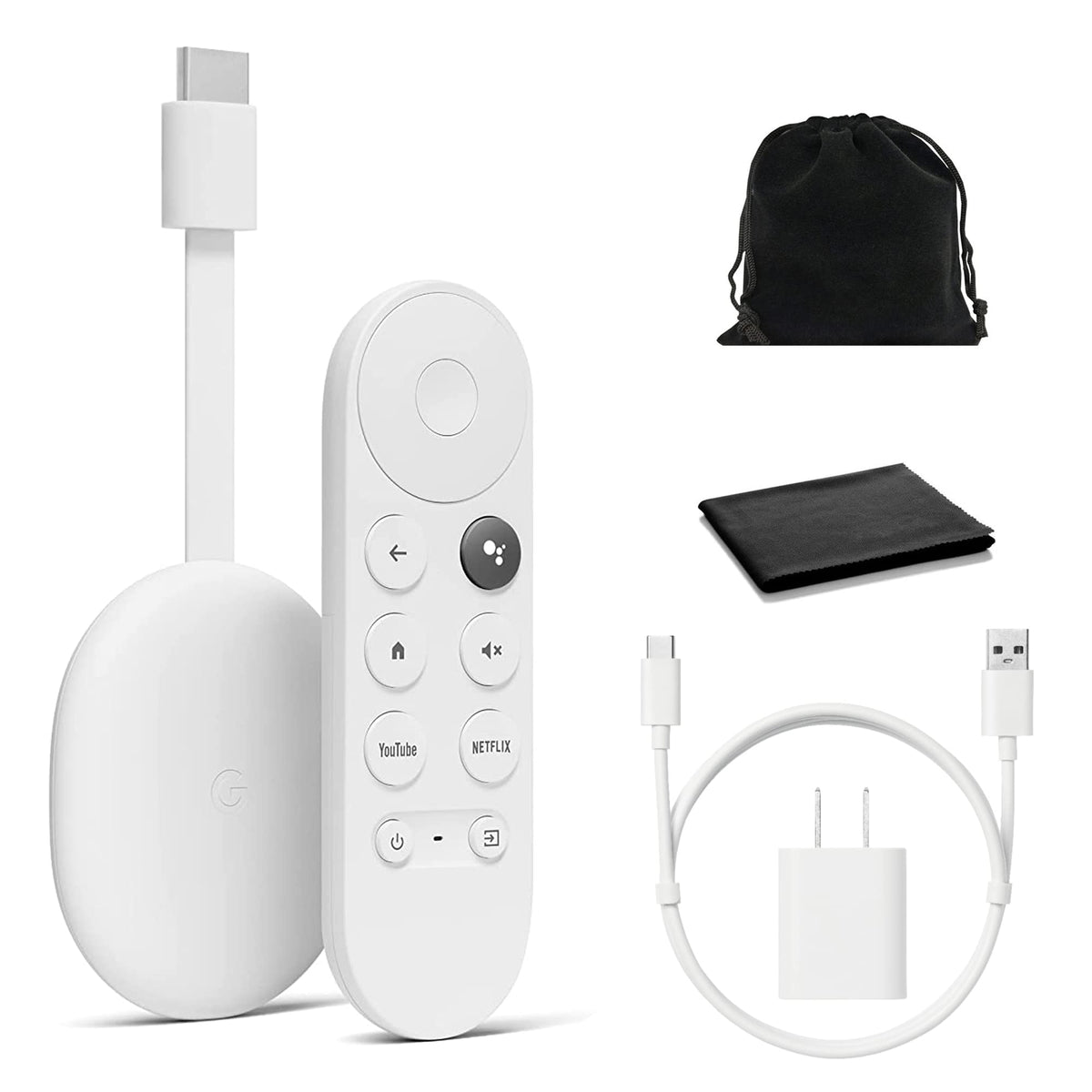 Google Chromecast with Google TV device in snow finish ready for quick 4K HDR streaming.