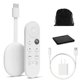 Google Chromecast with Google TV device in snow finish ready for quick 4K HDR streaming.