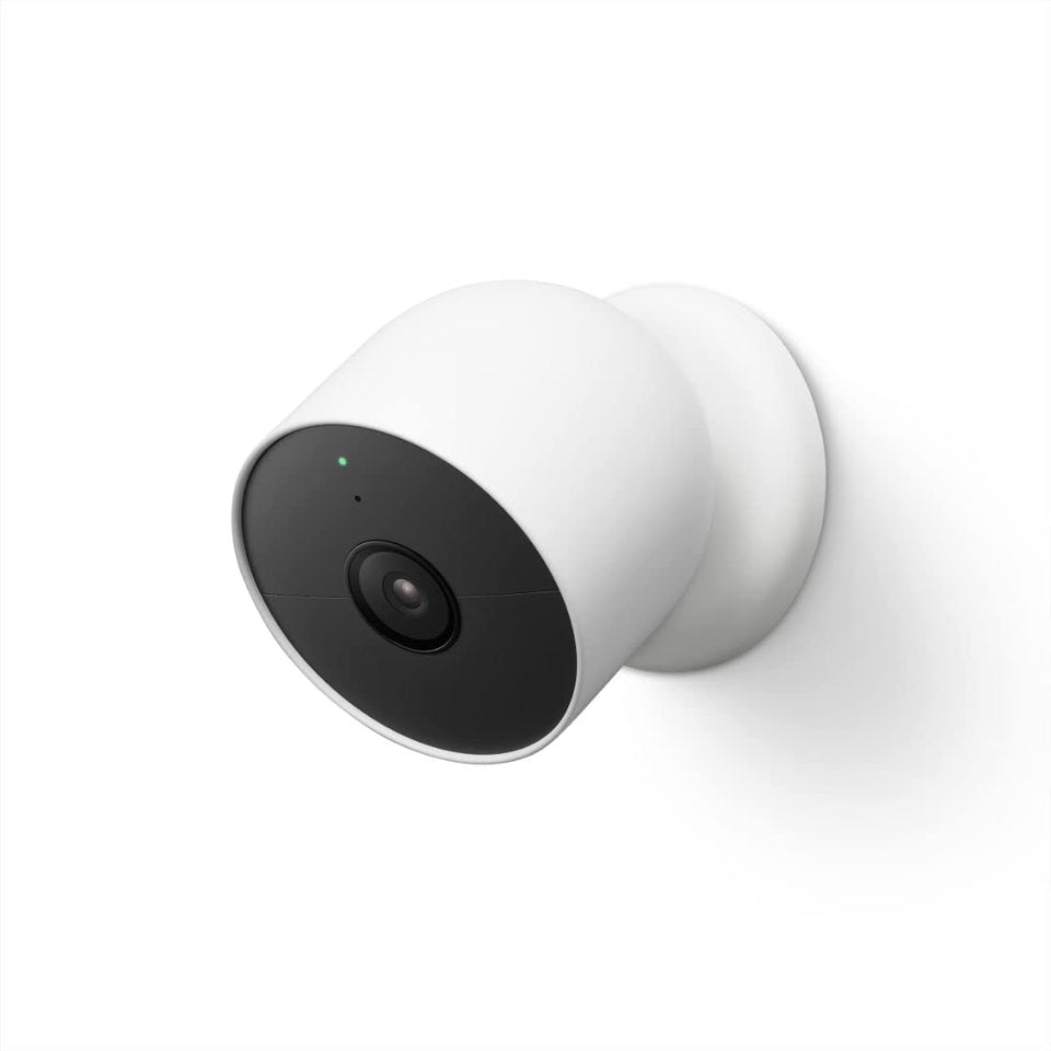 Google Nest Cam Battery 2nd Gen Snow front view shows weatherproof, wireless security.