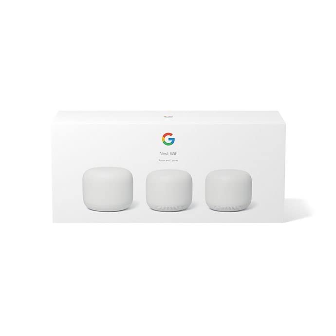 Google Nest WiFi 3-pack box and cables included for quick setup.