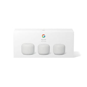 Google Nest WiFi 3-pack box and cables included for quick setup.