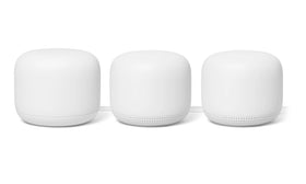 Google Nest WiFi 3-pack router front view showing sleek design and coverage potential.