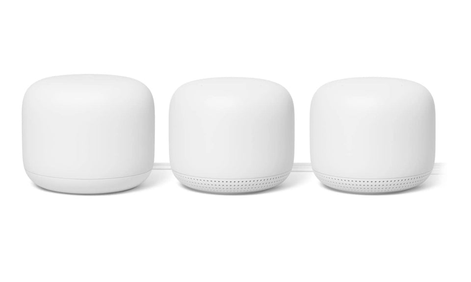 Google Nest WiFi 3-pack router front view showing sleek design and coverage potential.