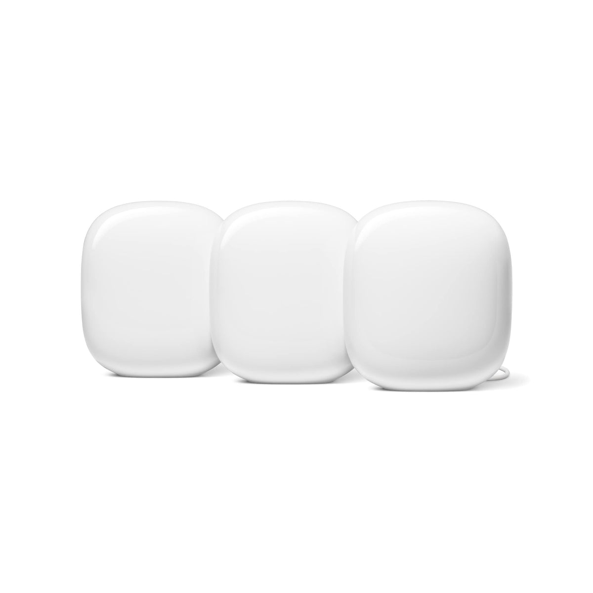 Google Nest WiFi Pro 6E Snow 3-pack front view highlights the compact packaging for whole-home setup.