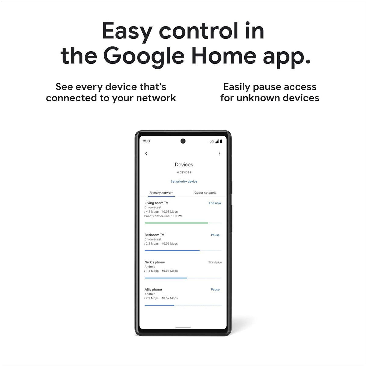 Google Nest Wifi Pro lists connected devices with easy management.