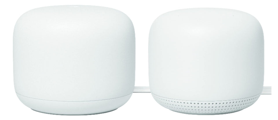 Google Nest Wifi router front view in snow color for seamless home coverage.