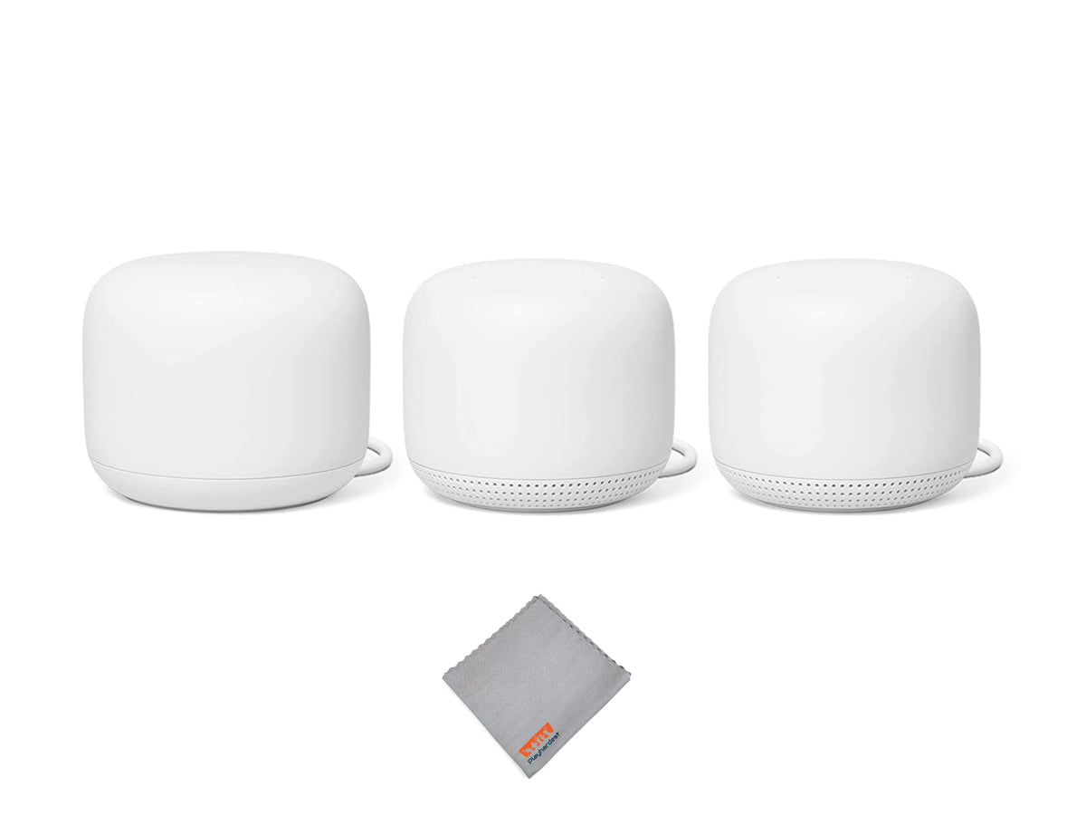 Google Nest WiFi router front view showing sleek design for whole-home coverage.