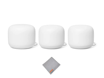 Google Nest WiFi router front view showing sleek design for whole-home coverage.