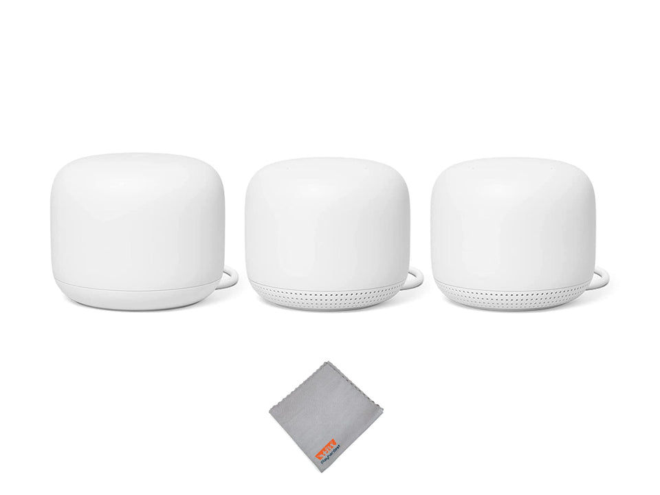 Google Nest WiFi router front view showing sleek design for whole-home coverage.