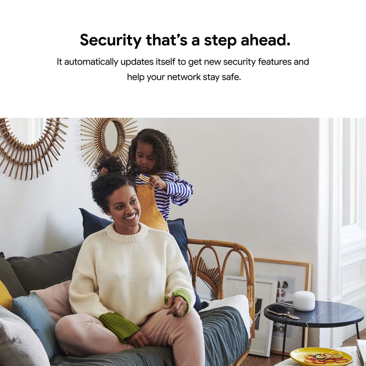 Google Nest Wifi Router next to phone for scale illustrating compact footprint benefit
