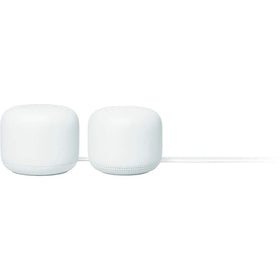 Google Nest Wifi Router and Point (Snow) on desk delivering robust whole-home coverage