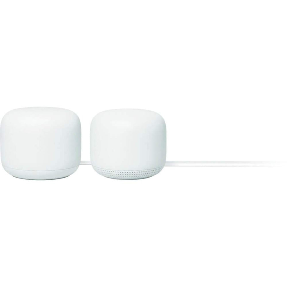 Google Nest Wifi Router and Point (Snow) on desk delivering robust whole-home coverage