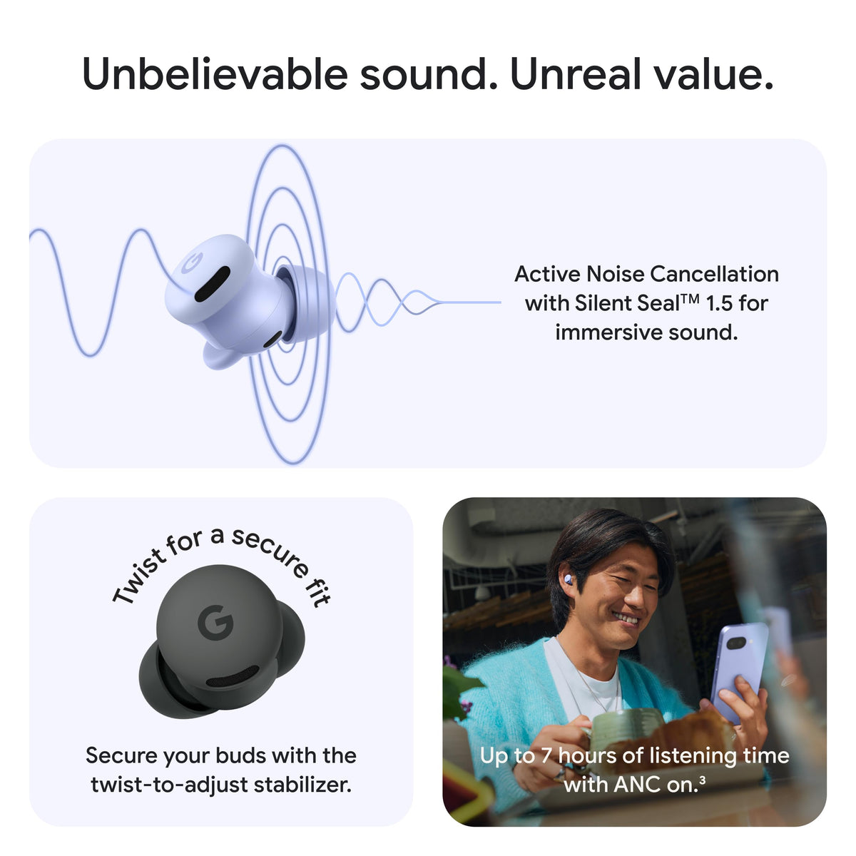 Google Pixel Buds 2a earbuds outside case ready for quick listening on the go