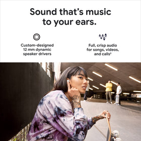 Google Pixel Buds A-Series white earbuds close-up, compact design for daily wear.