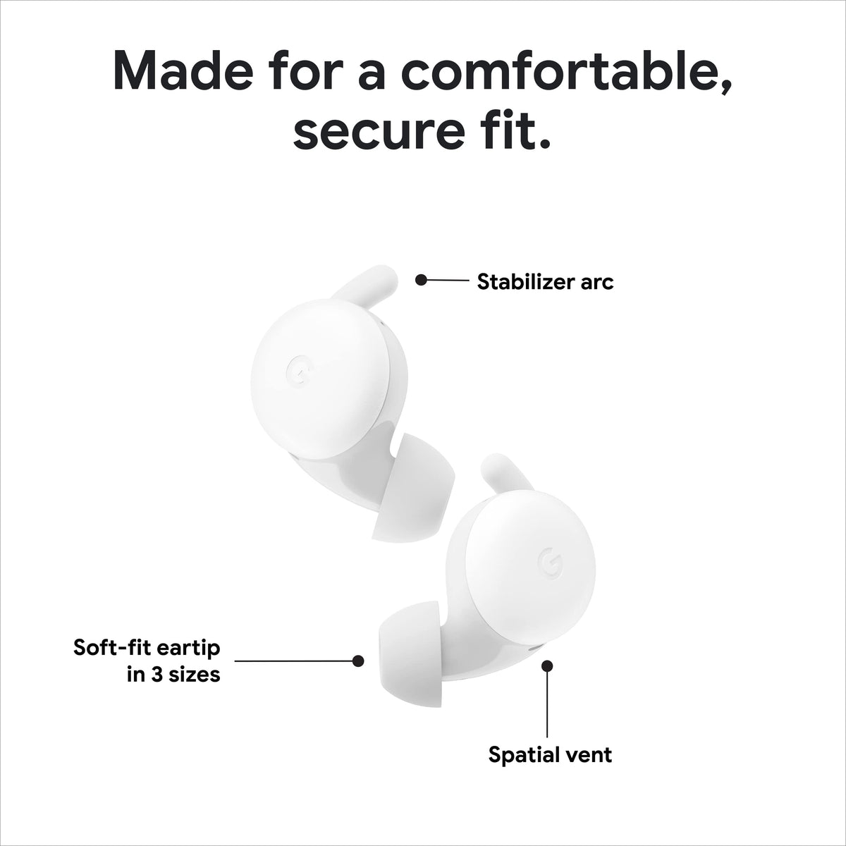 Google Pixel Buds A-Series white earbuds in-ear fit for comfortable listening.