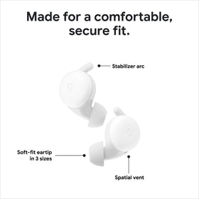 Google Pixel Buds A-Series white earbuds in-ear fit for comfortable listening.