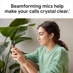 Google Pixel Buds A-Series white microphones close-up for clearer calls.