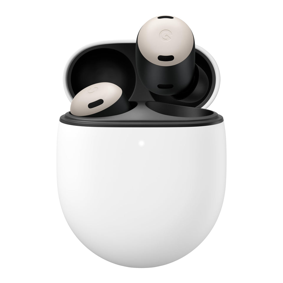 Google Pixel Buds Pro front view showing porcelain finish and sleek design for style