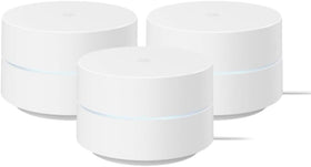 Google WiFi AC1200 3-pack front view demonstrates sleek design and broad coverage for homes.