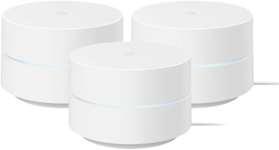 Google WiFi AC1200 3-pack front view demonstrates sleek design and broad coverage for homes.