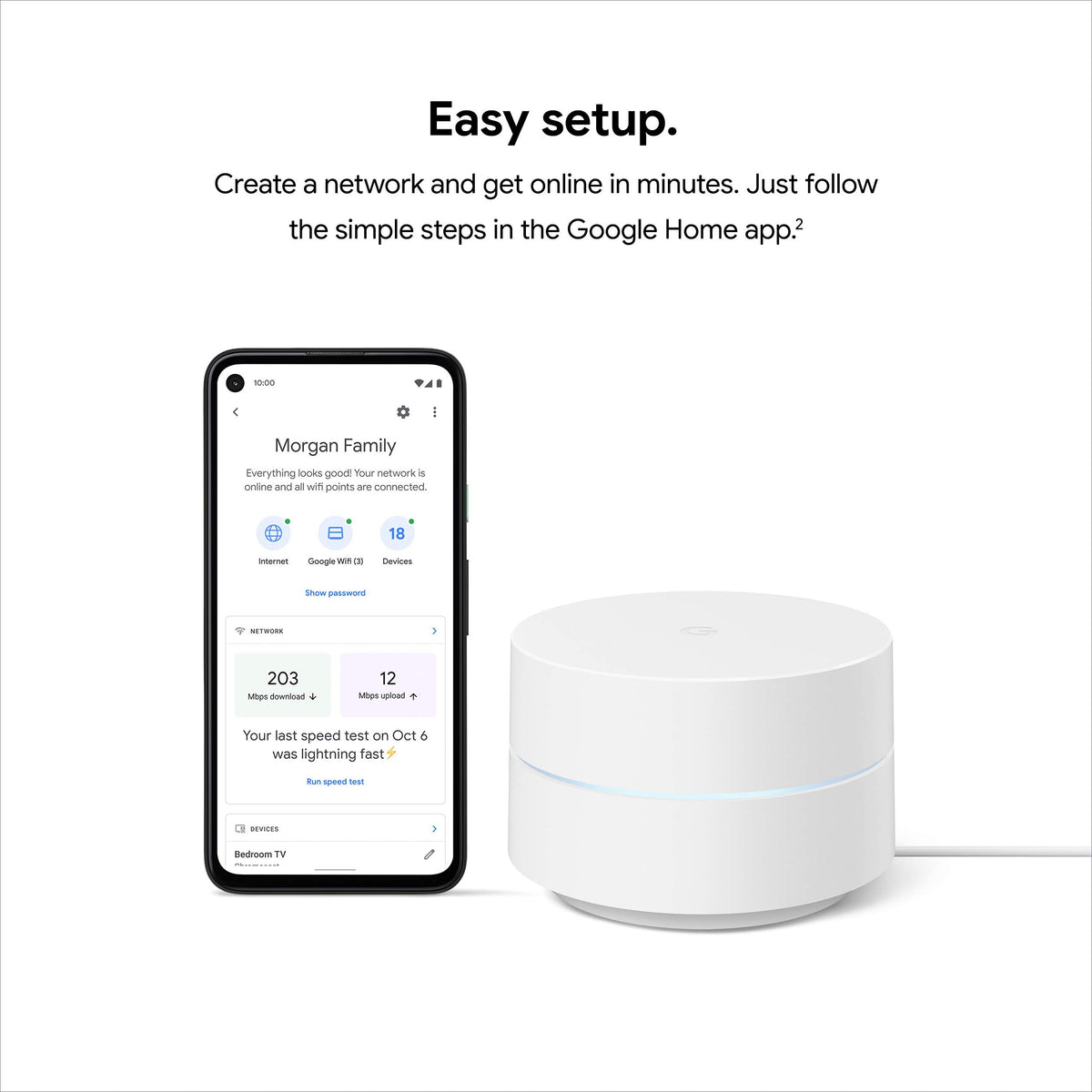 Google Wifi AC1200 with Google Home app shown for setup.