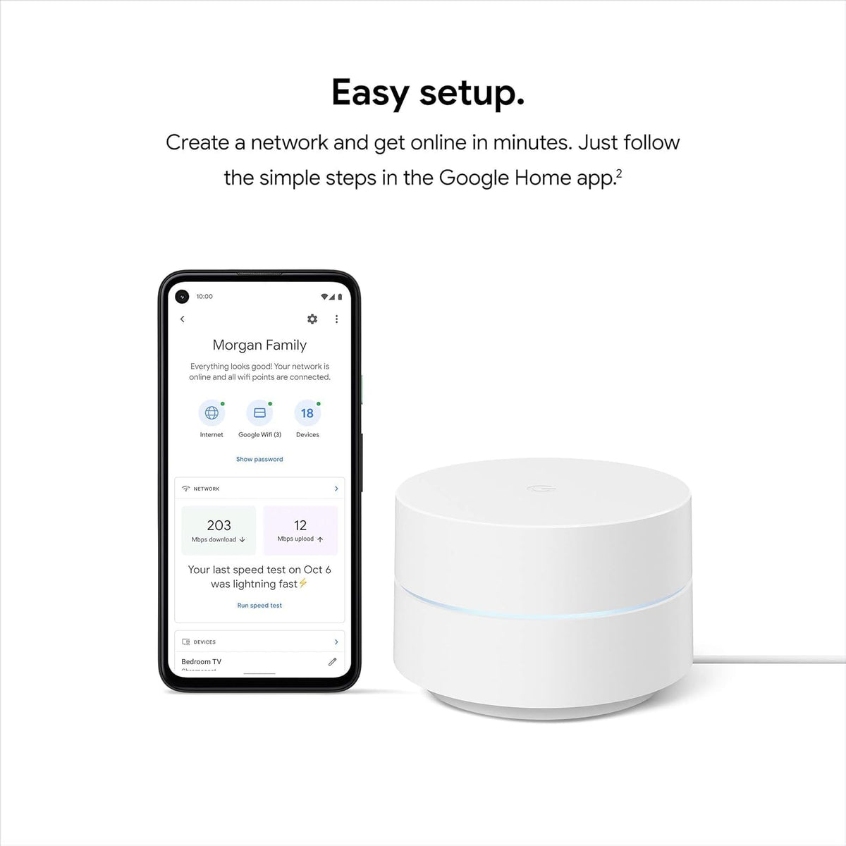 Google Wifi mesh-network visualization shows strong signal across rooms.