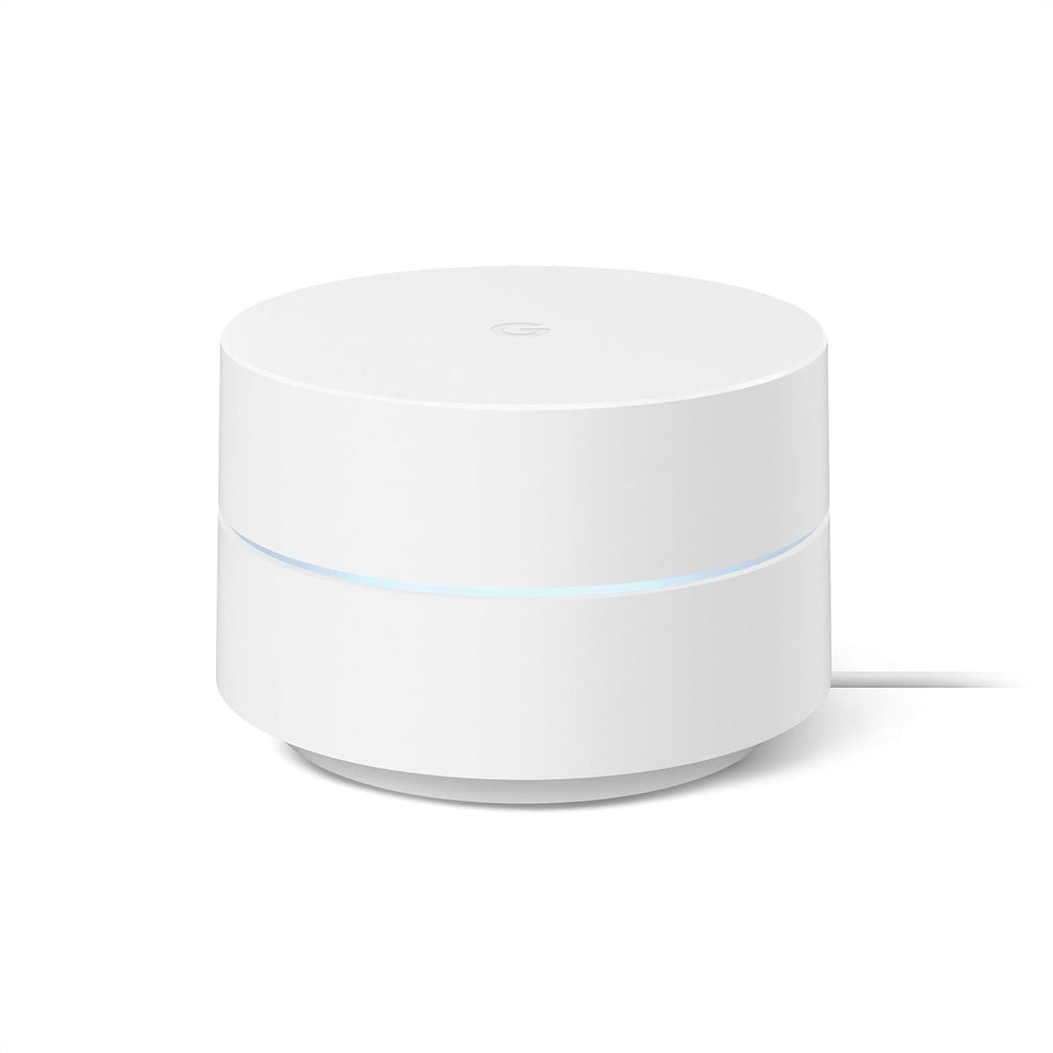 Google Wifi AC1200 mesh router front view for compact, efficient home coverage.