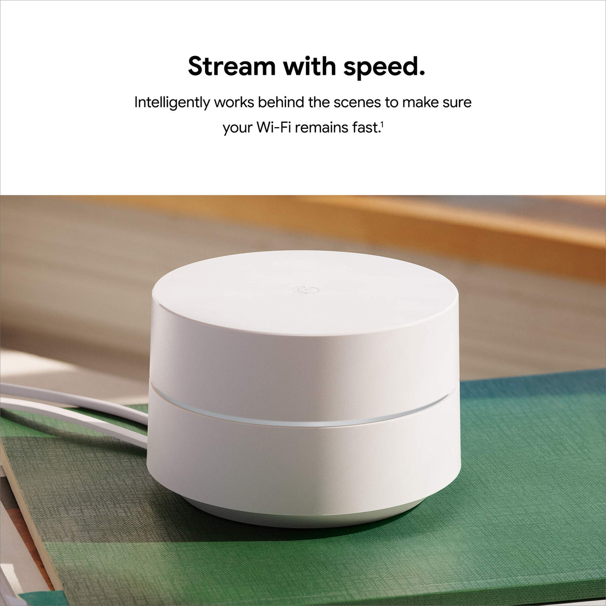 Google Wifi AC1200 speed test image highlights fast Wi‑Fi speeds.