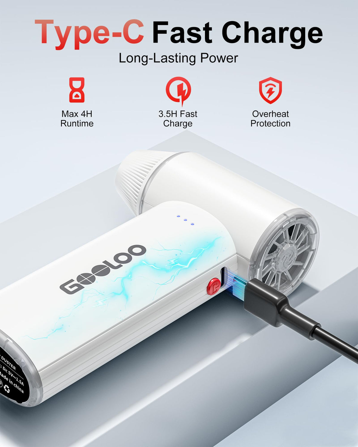 GOOLOO F3 label and battery information showing 5000mAh capacity benefits