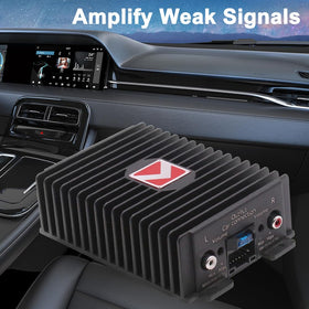 GoolRC amplifier installed under car dash illustrating compact in-vehicle fit