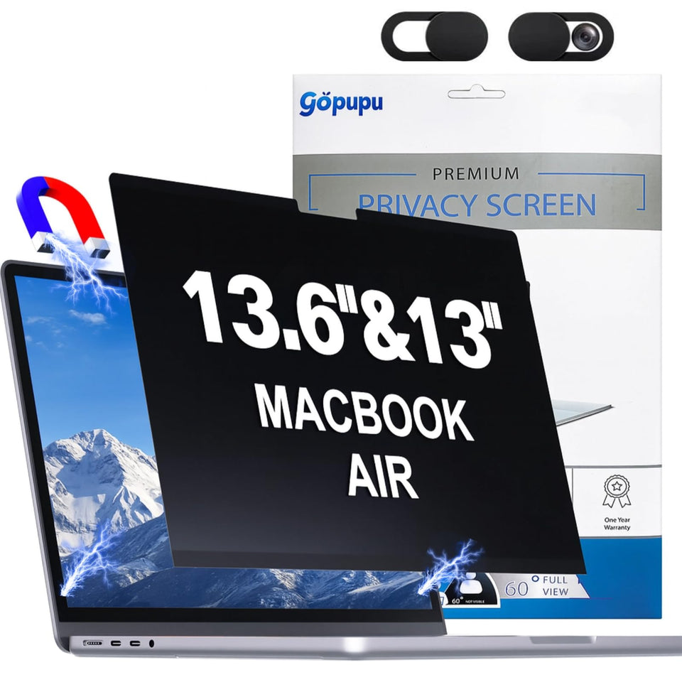 Gopupu MacBook Air 13.6 privacy screen blocks side viewing angles for security.